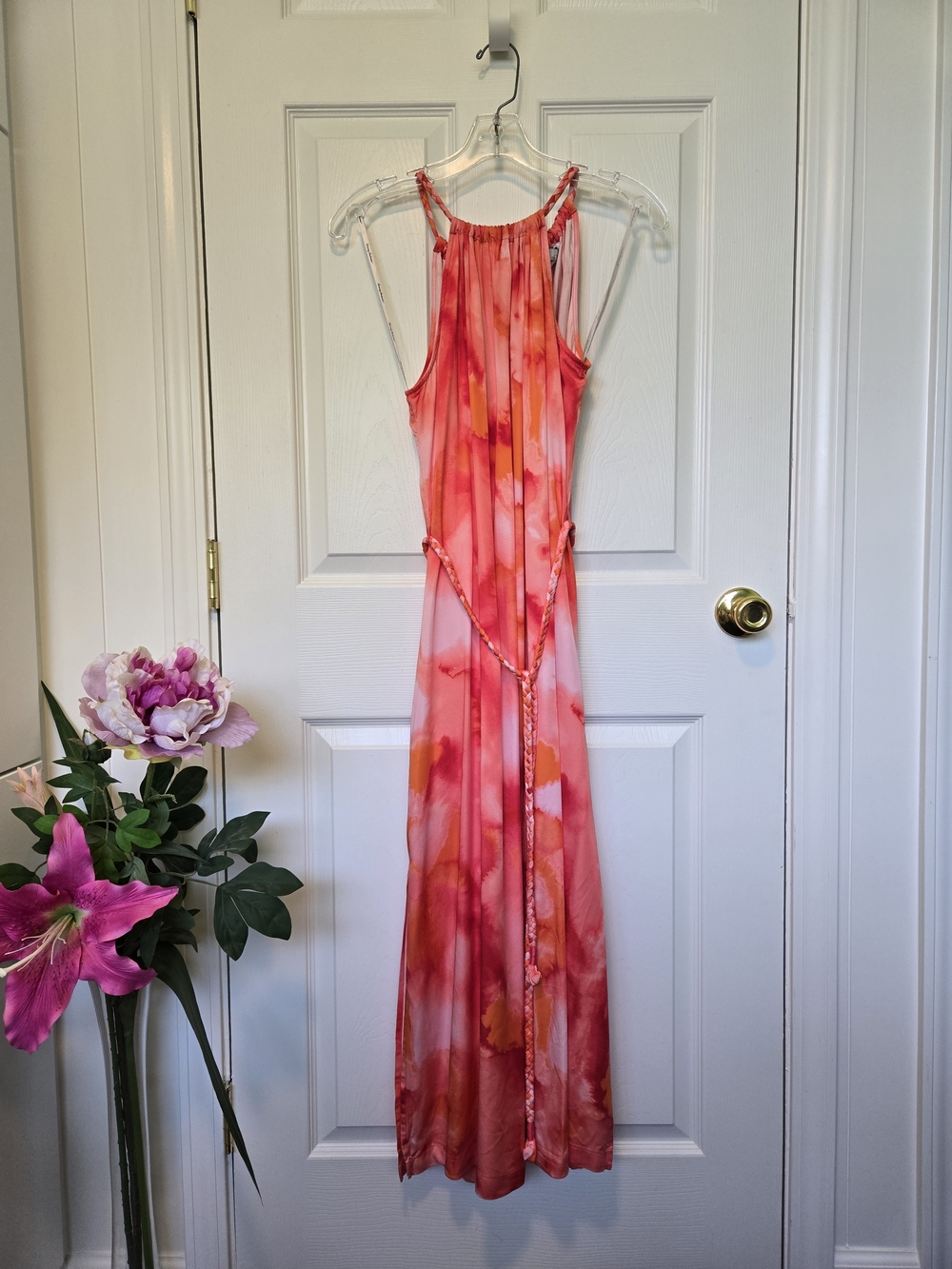 Tommy Bahama Coral-Pink Watercolor Maxi Dress with Braided Tie & Belt, sz M